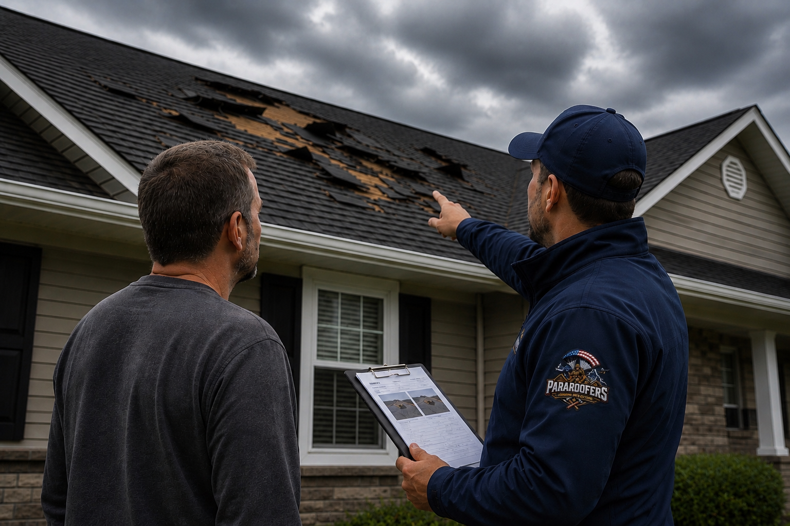 Roofing contractor performing storm damage inspection and insurance claim documentation on Iowa home.