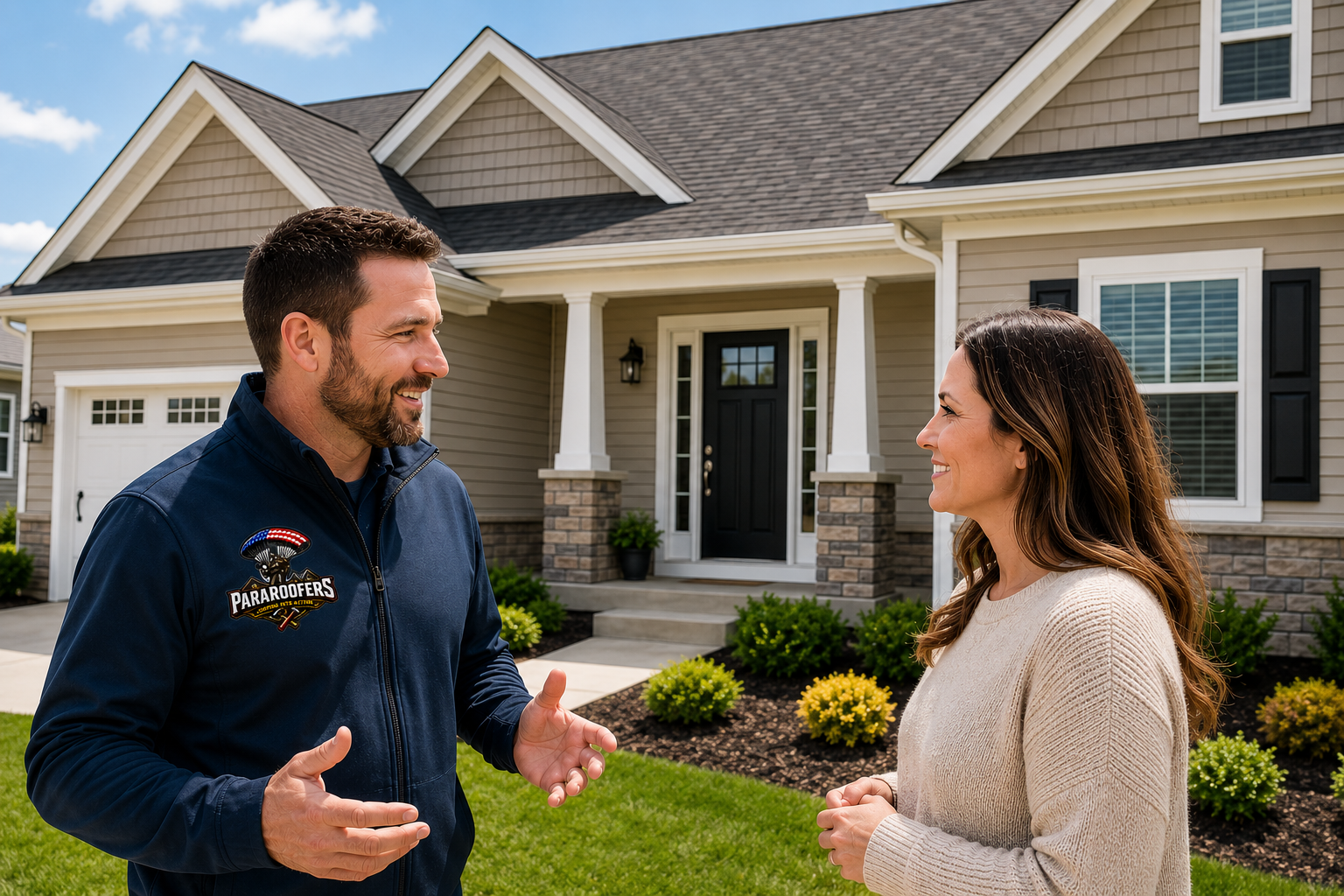ParaRoofers contractor discussing a completed siding project with a homeowner in Eastern Iowa