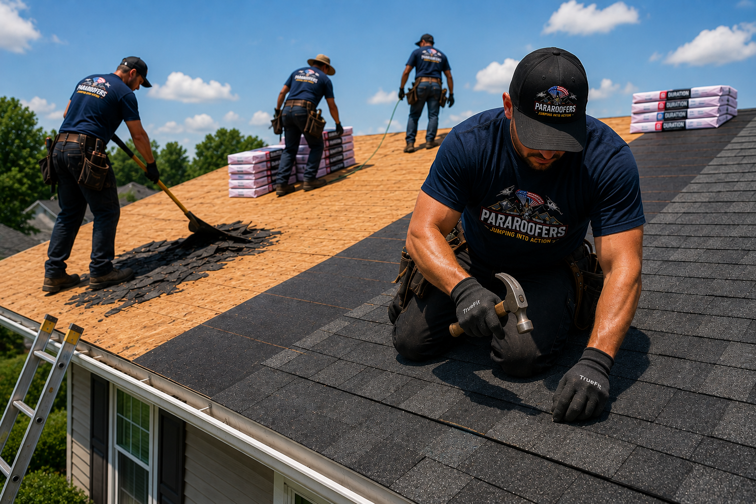Professional roof replacement crew installing asphalt shingles on residential home in Iowa City, IA