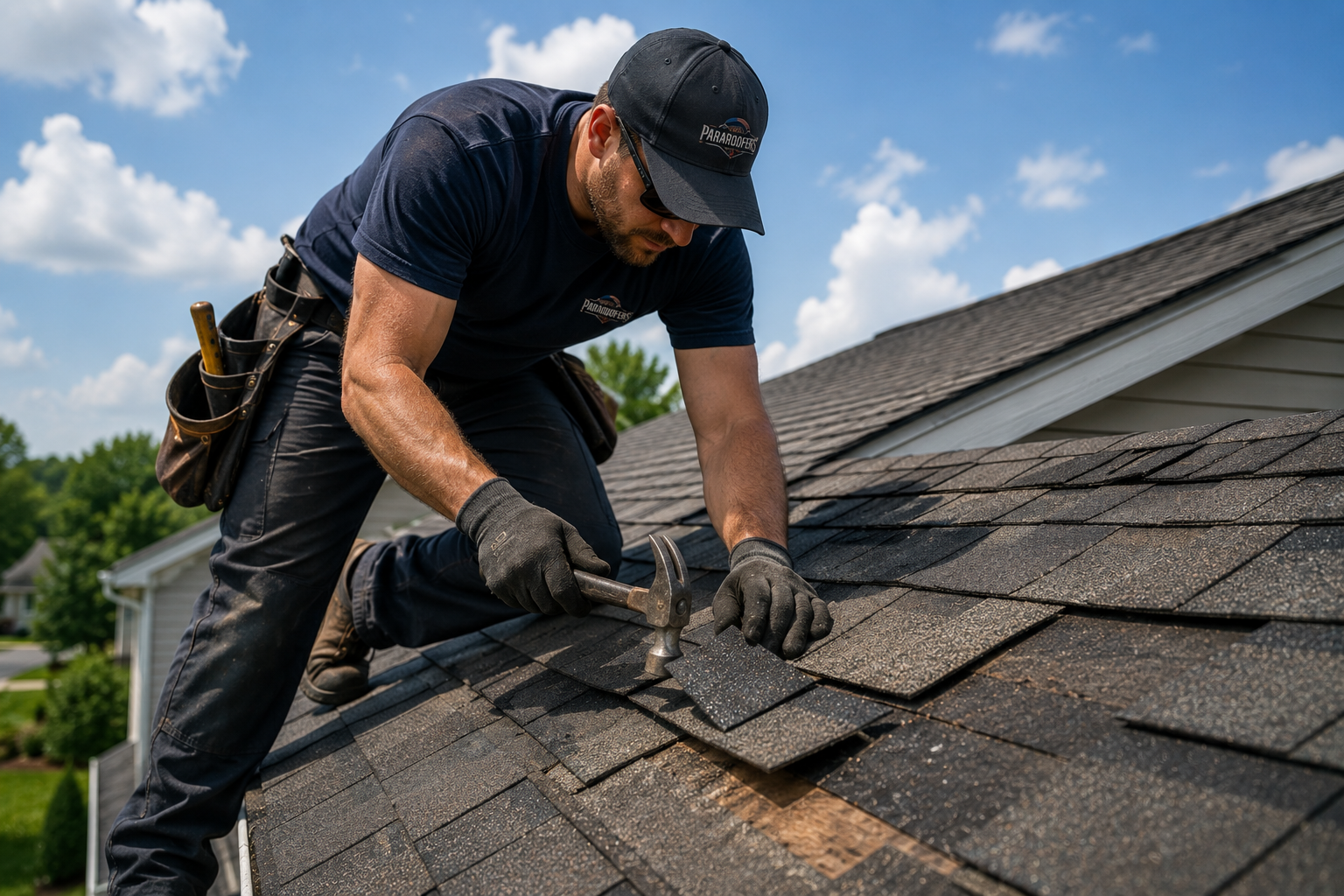 Roof repair specialist replacing damaged asphalt shingles on residential roof in Eastern Iowa