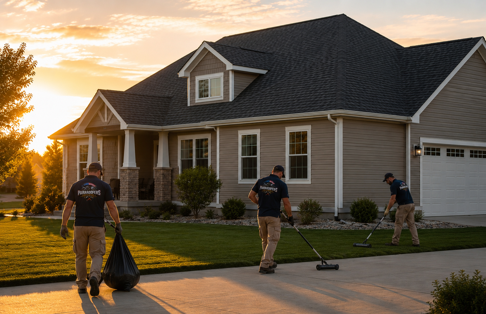 ParaRoofers crew performing final cleanup around a home with a newly completed asphalt shingle roof in Eastern Iowa.