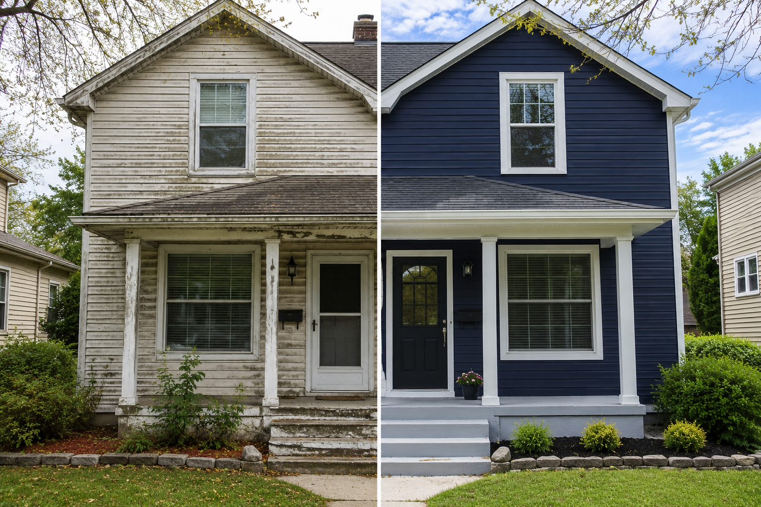 Split image showing a home before and after vinyl siding replacement with modern navy blue siding and white trim.