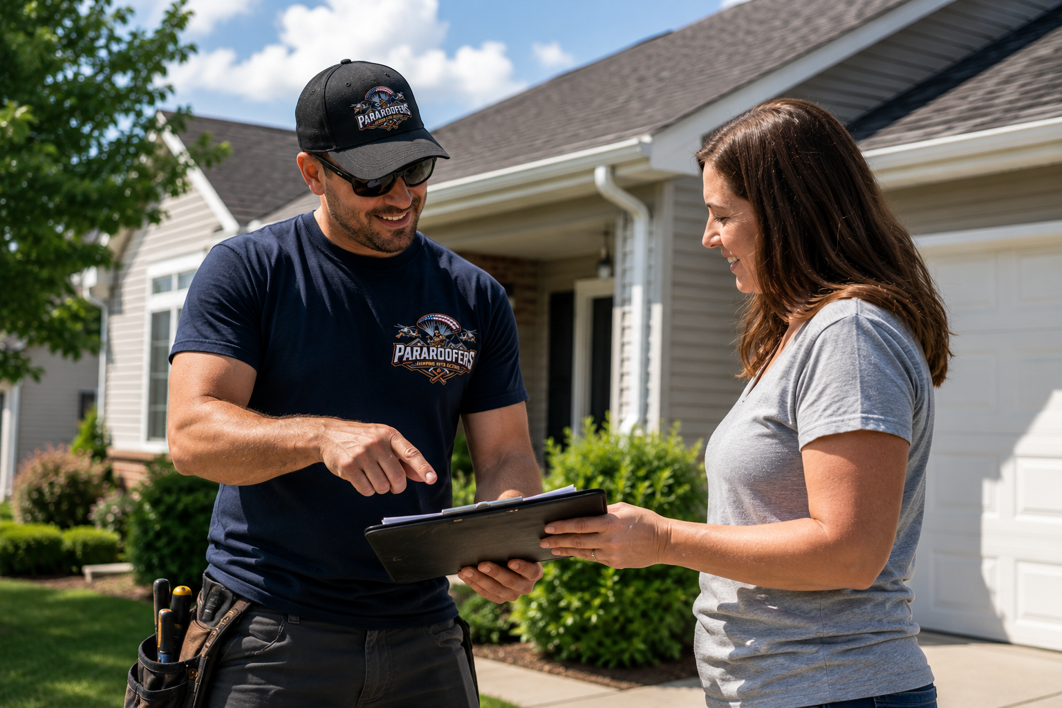Professional roofing inspection consultation with a homeowner in Iowa City, IA discussing roof repair and replacement options.