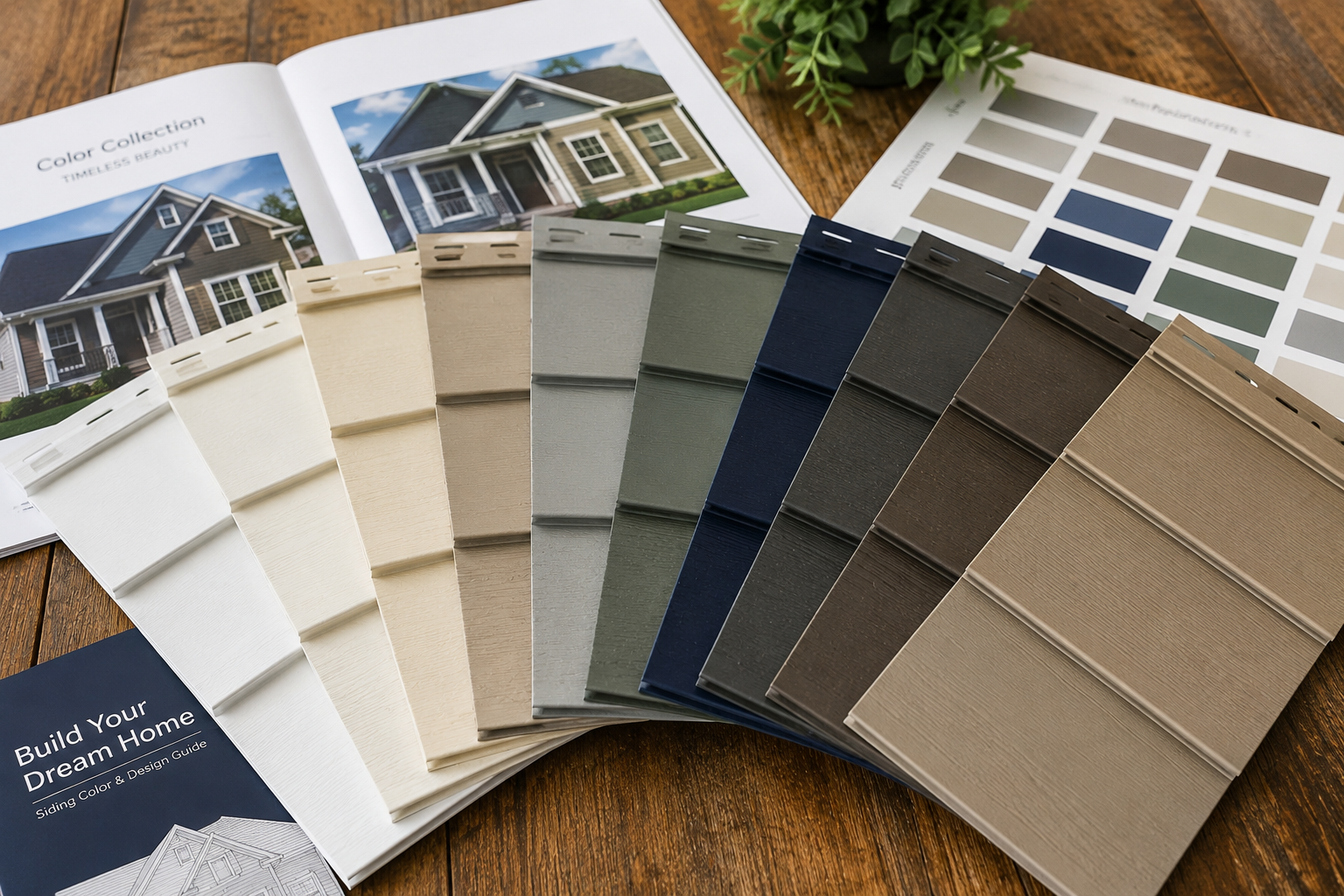 Vinyl siding color samples and design selections displayed on a table for exterior home remodeling.