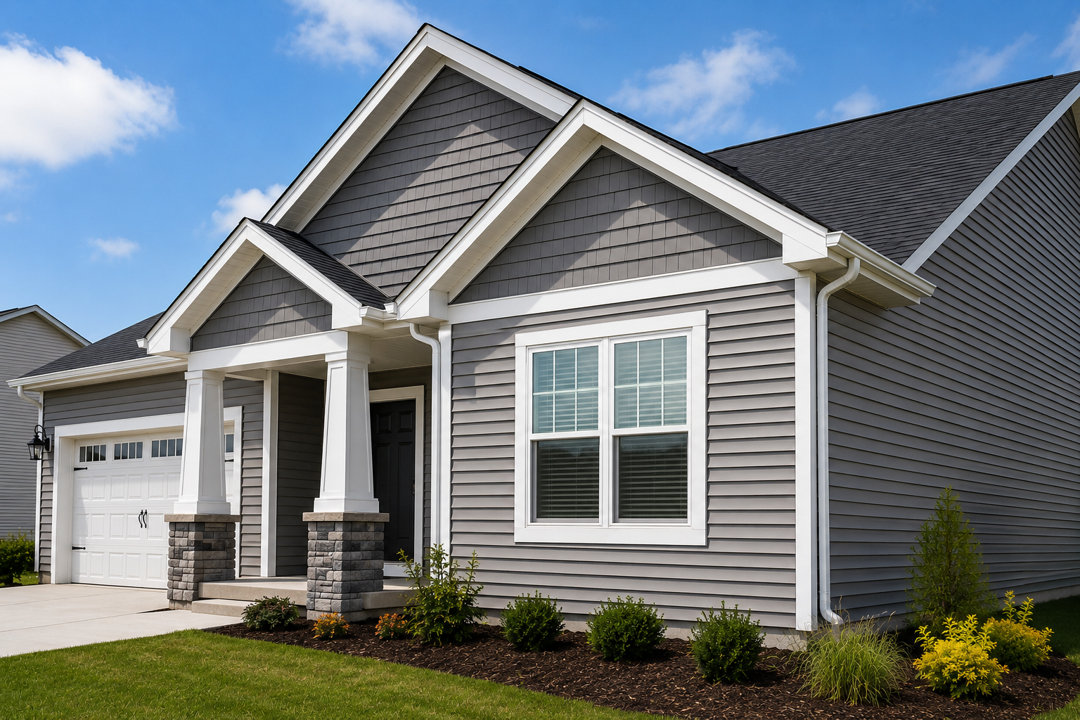 Modern home with professionally installed vinyl siding, decorative shake accents, and low-maintenance exterior finishes