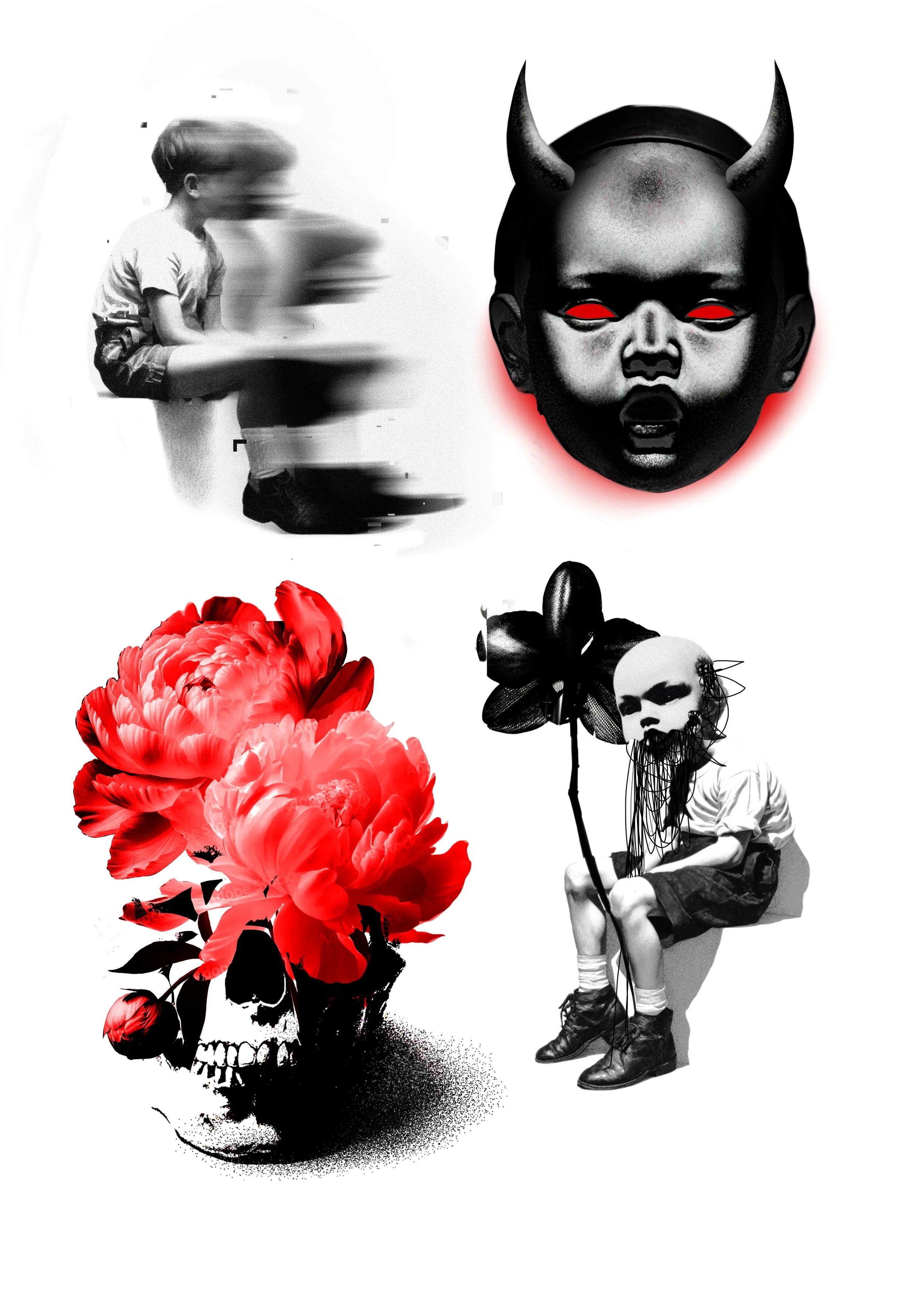 A digitally manipulated artwork featuring a child's black and white photo sitting and crying, a red peony flower, a skull with a large red flower and black leaves, a stylized black mask with red eyes and horns, and a black and white outline of a pers