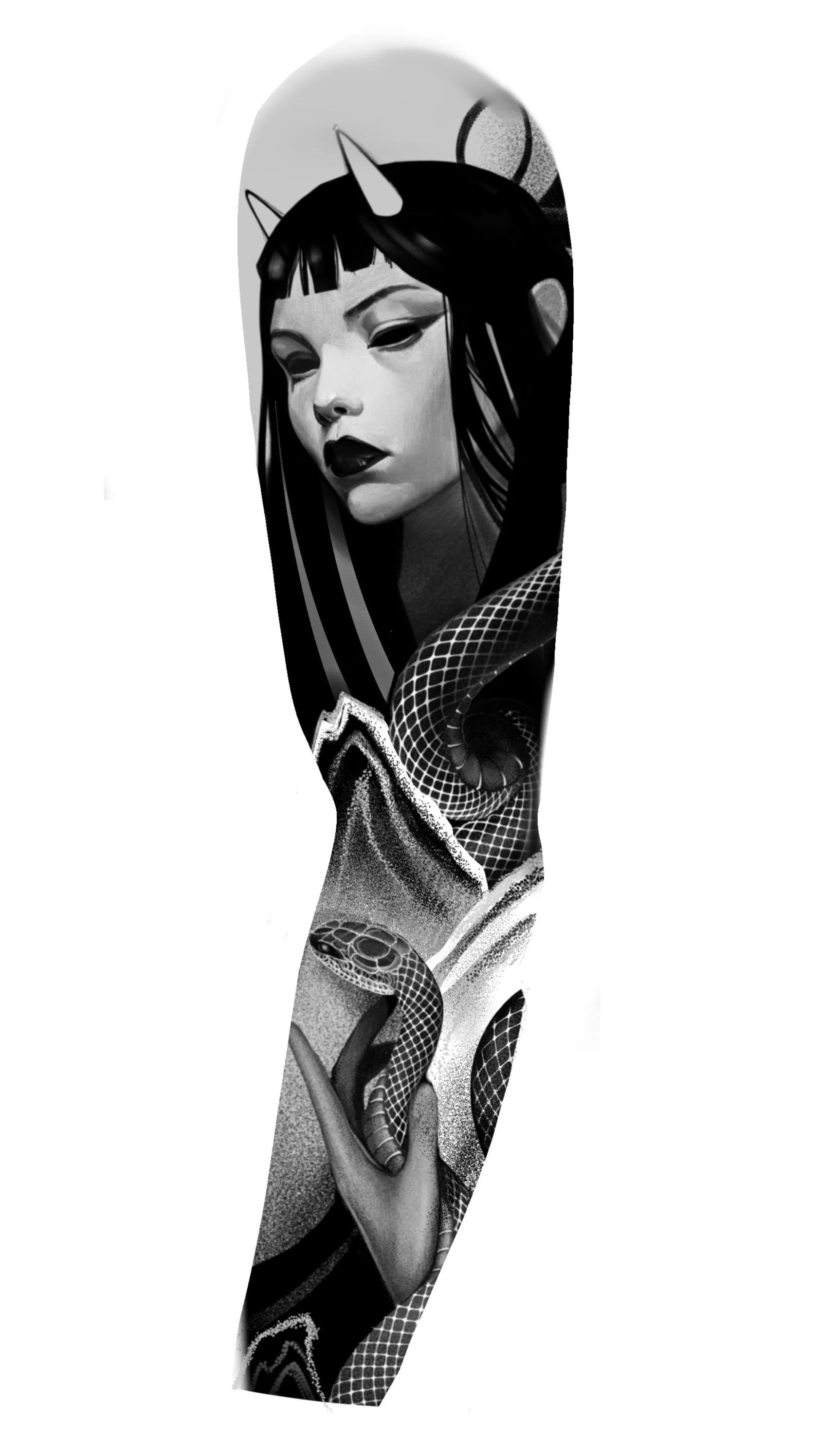 Black and white tattoo of a woman with long hair, horns, and snake tattoos on her body.