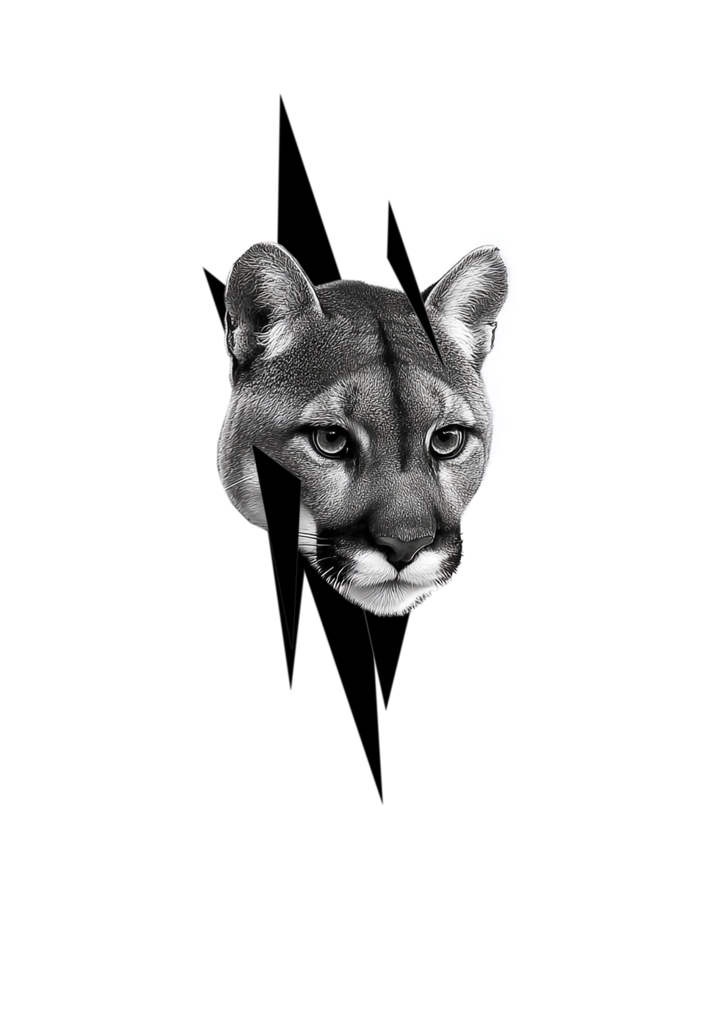 Black and white illustration of a cougar's face merged with geometric black shapes on a white background.