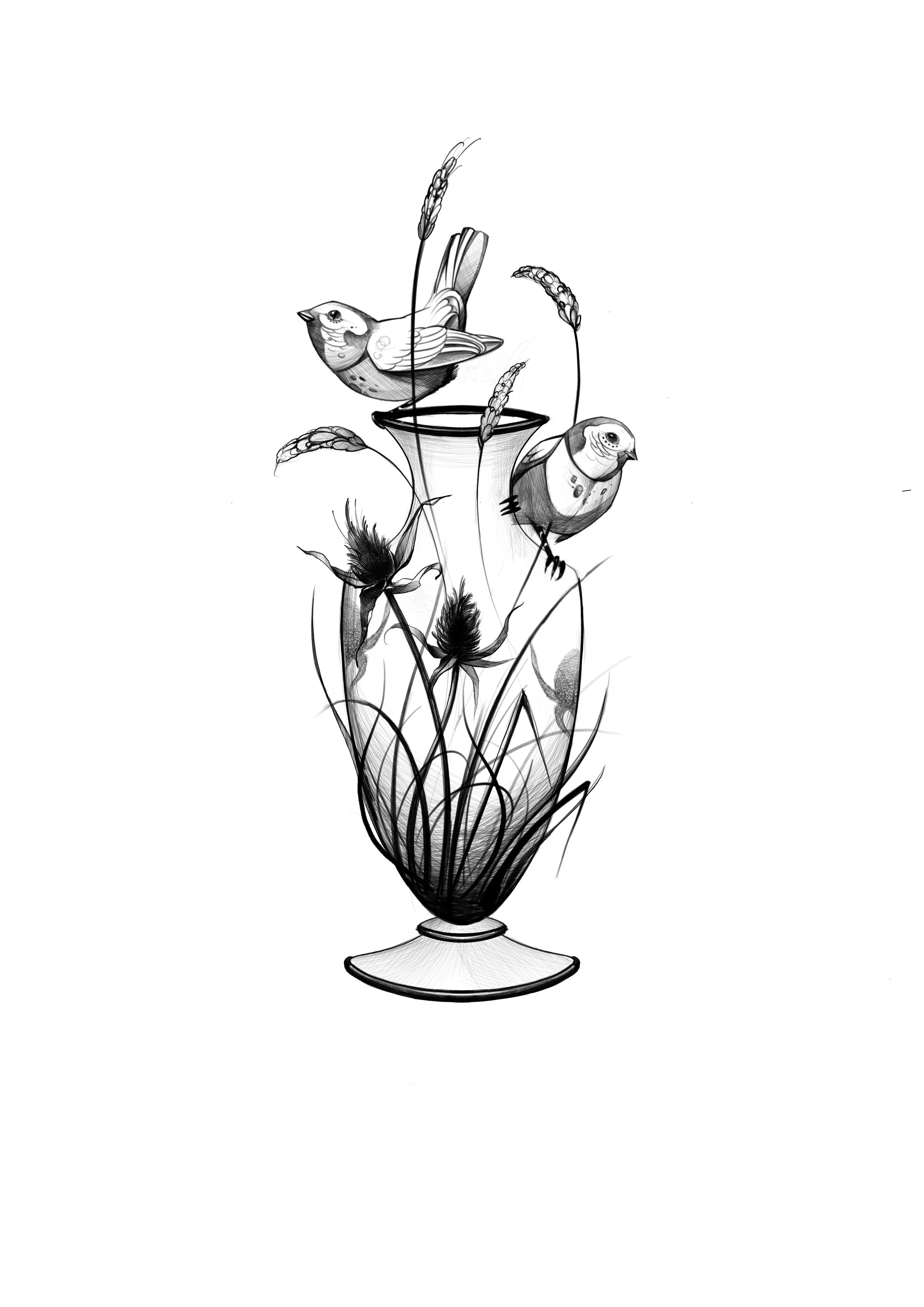 Black and white drawing of two birds perched on a flower vase with tall grasses and flowers surrounding them.