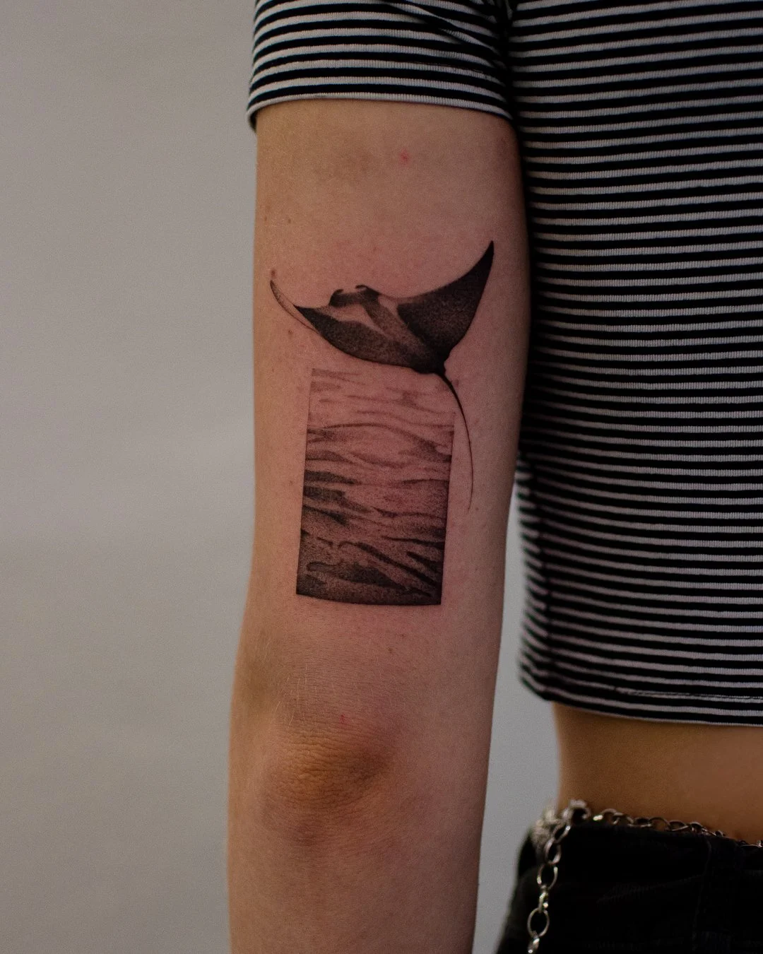 Black and gray tattoo of a manta ray swimming above a textured rectangular shape on person's upper arm.