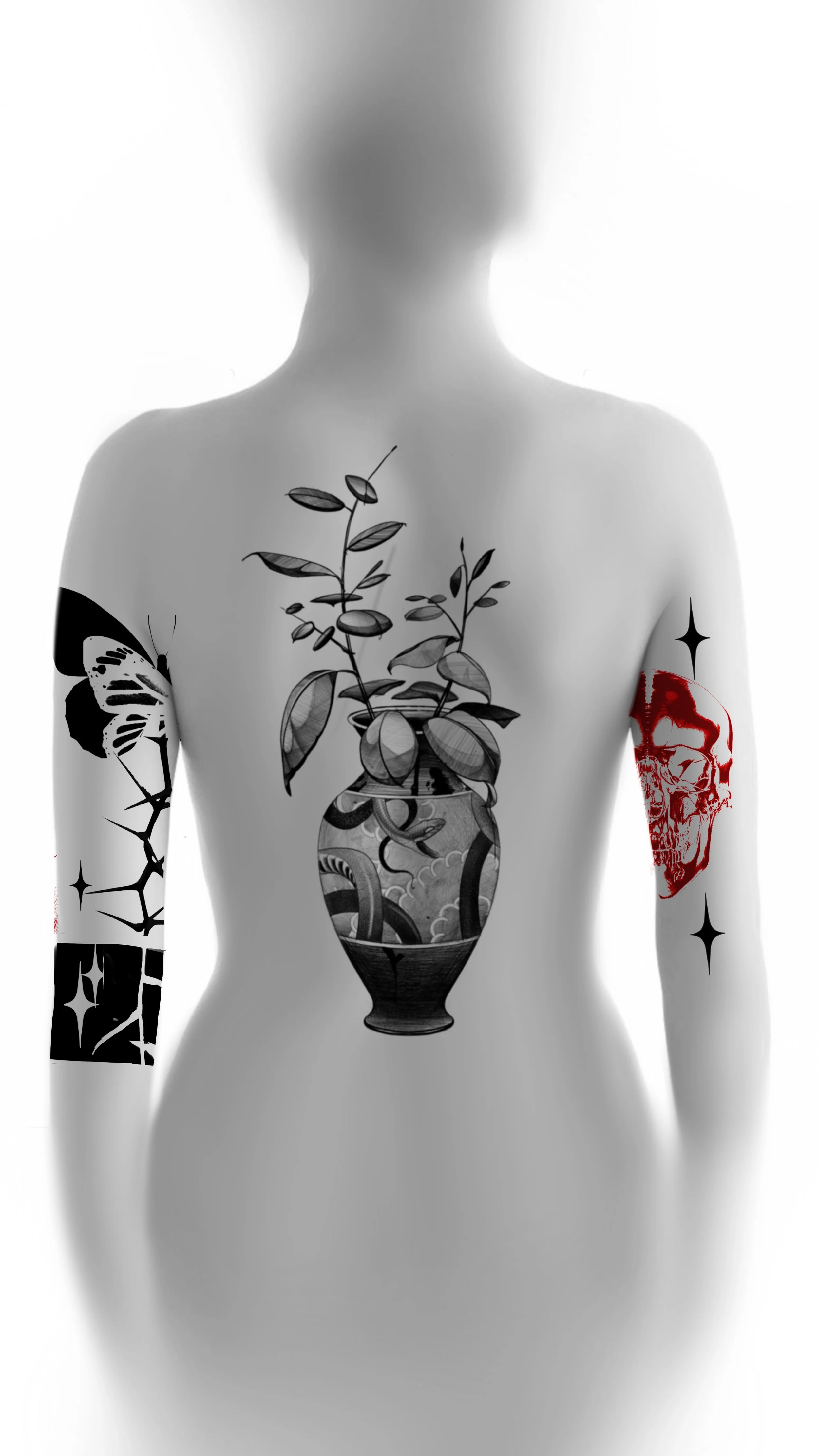 A person with tattoos on both arms, a black and white tattoo of a vase with a plant on the chest, and a red skull tattoo on the right arm.