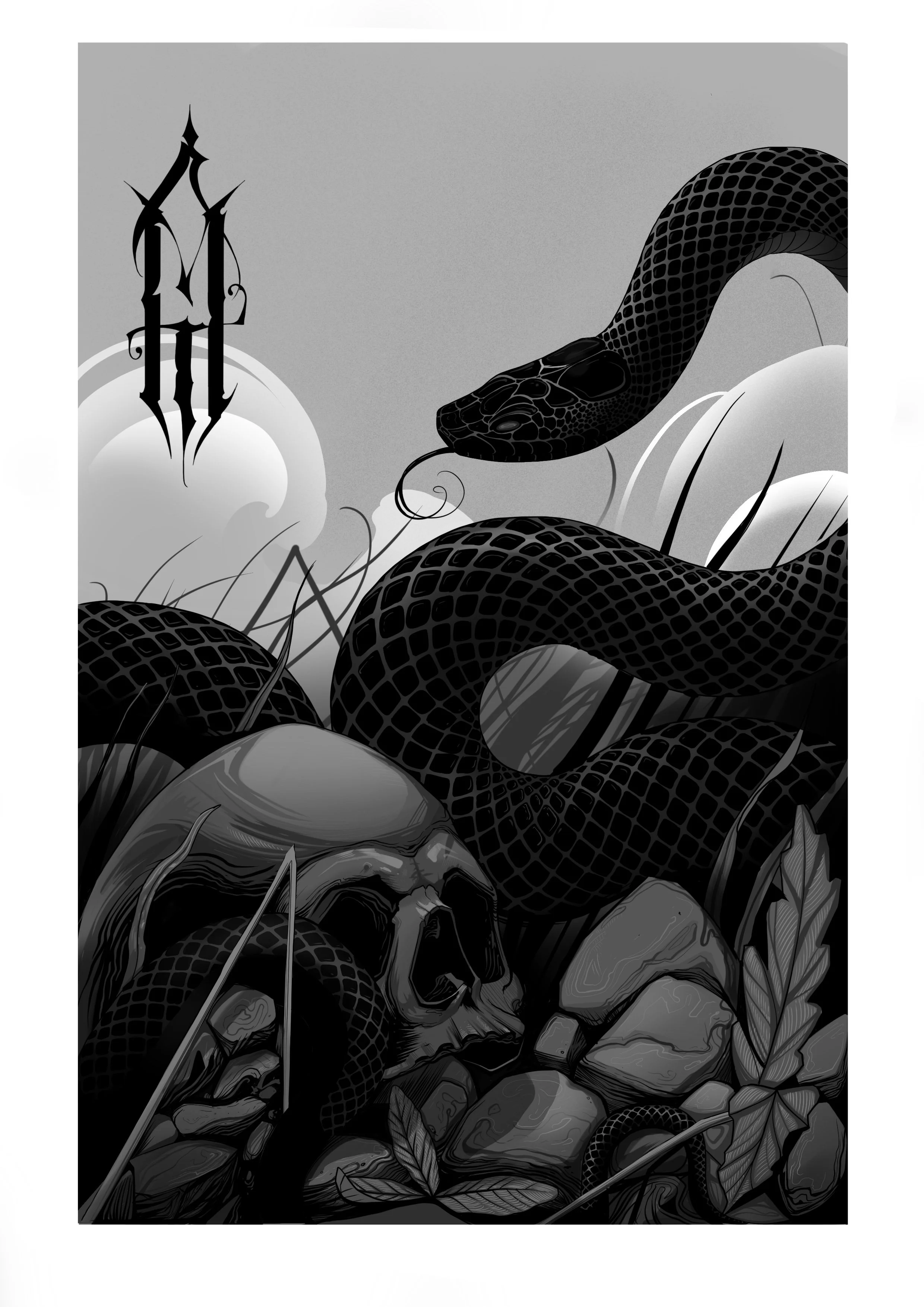 Black and white artwork featuring a snake coiled around a human skull, with leaves and rocks at the bottom, set against a plain background.