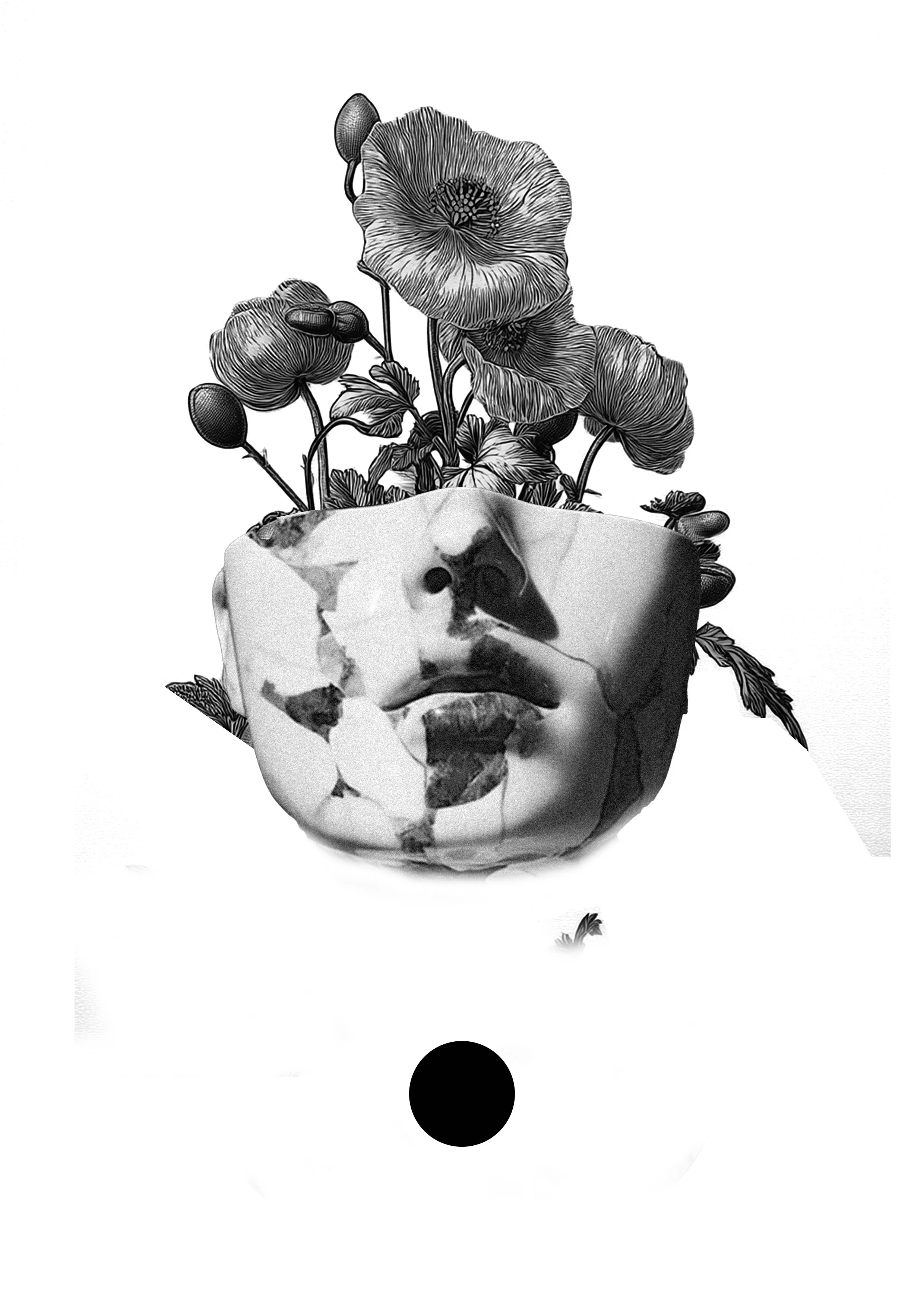 Black and white illustration of a human face with closed eyes, on top of which is a potted plant with large flowers and leaves.