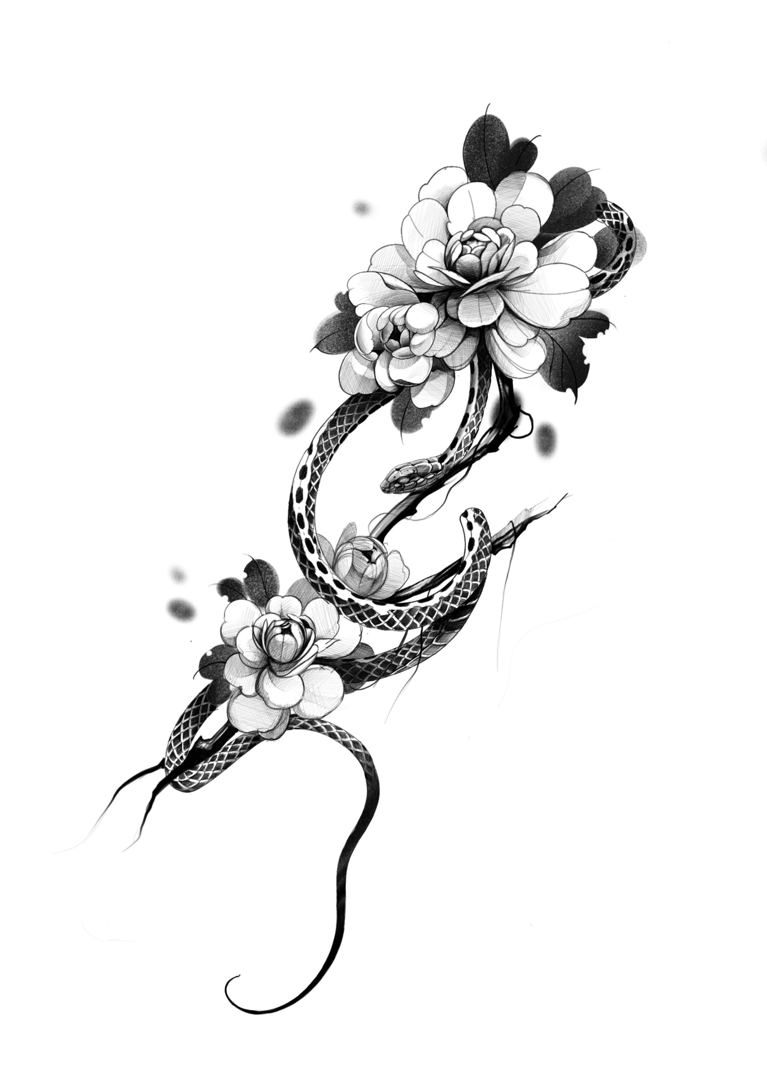 Black and white illustration of a snake intertwined with blooming flowers and leaves.
