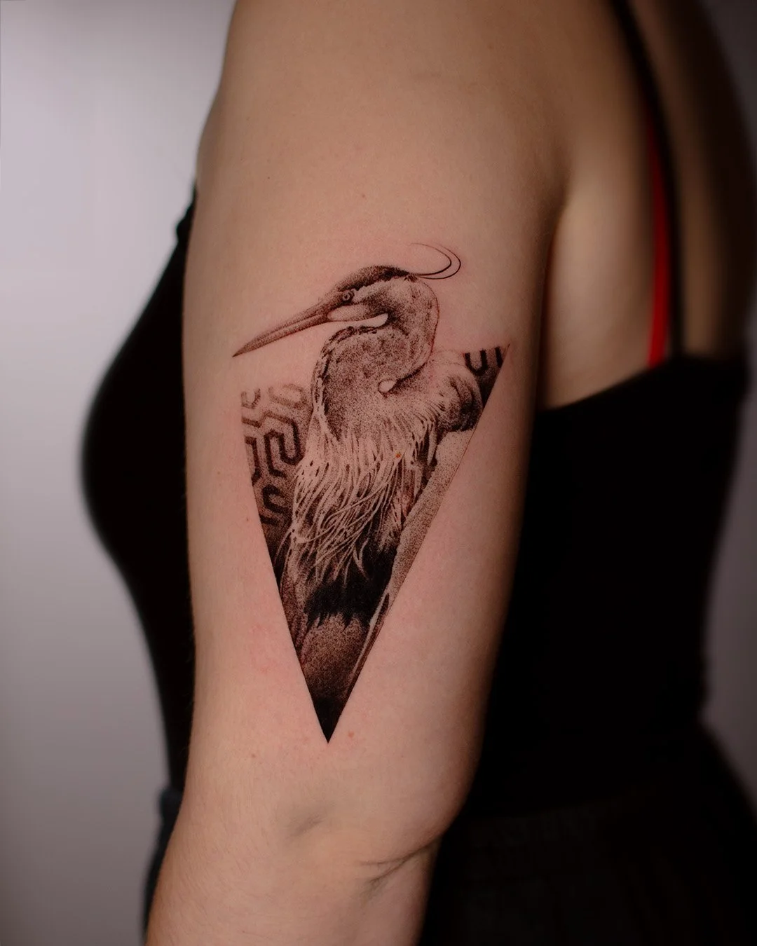 Tattoo of a heron within a triangle on person's upper arm.
