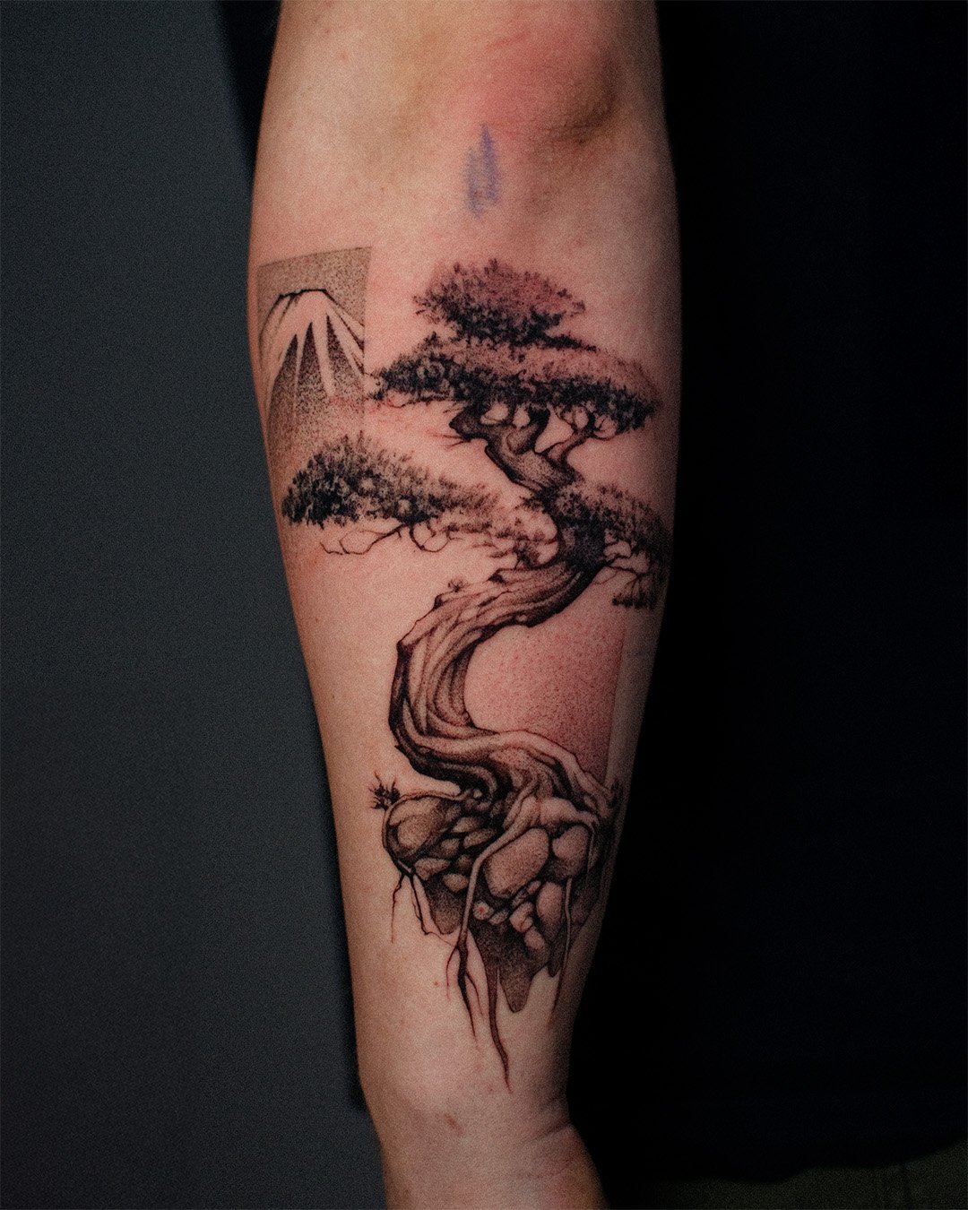 Tattoo of a stylized tree with a twisted trunk and spreading branches on a person's upper arm.