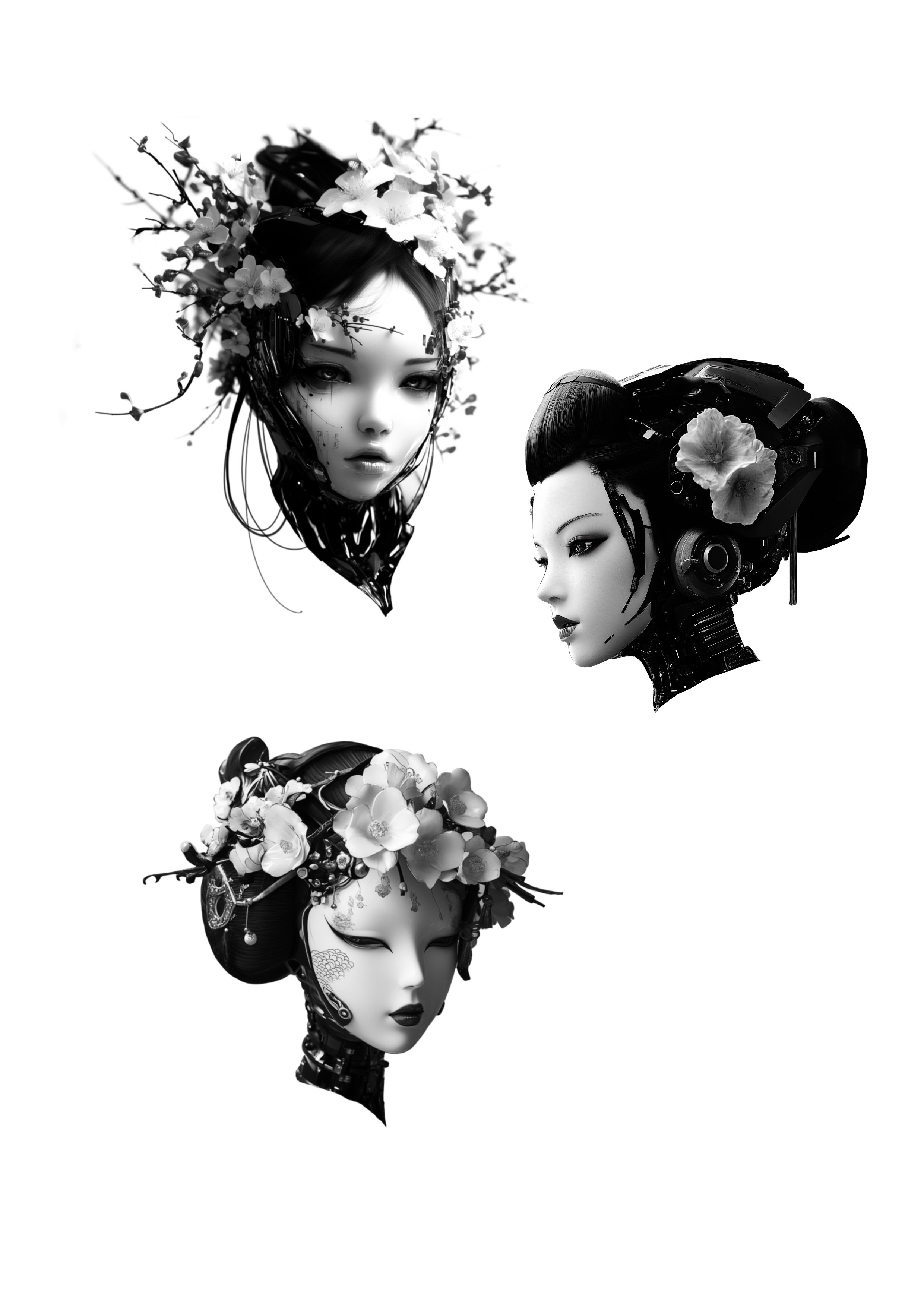 Three black-and-white digital art portraits of women with traditional Asian hairstyles adorned with flowers and mechanical elements, set against a white background.