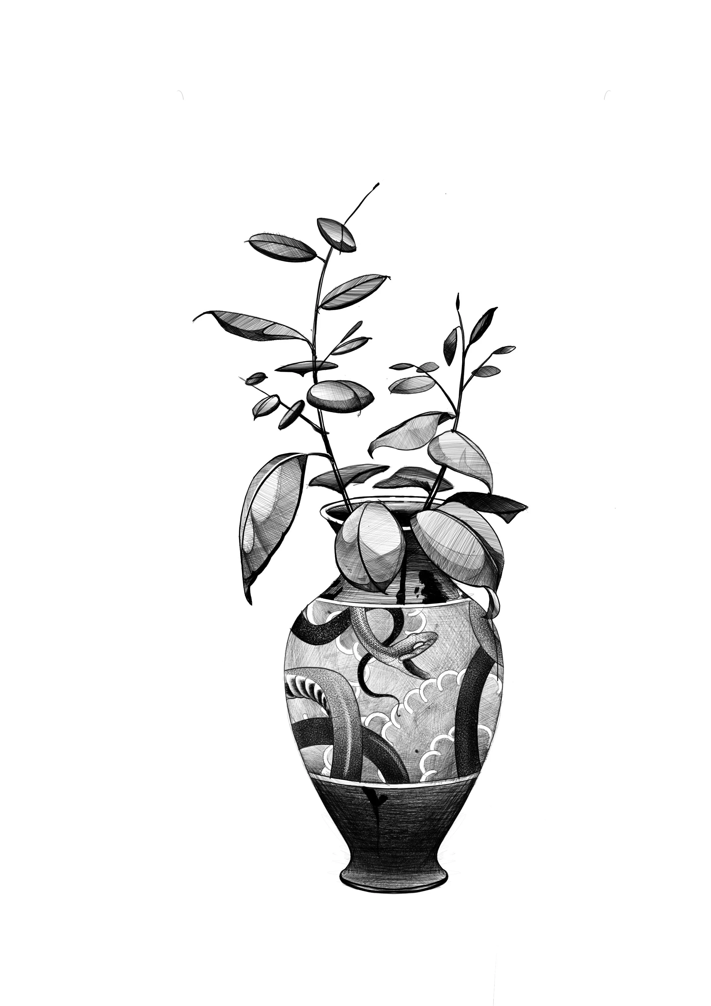 Black and white drawing of a potted plant with leaves, placed in a decorative vase.