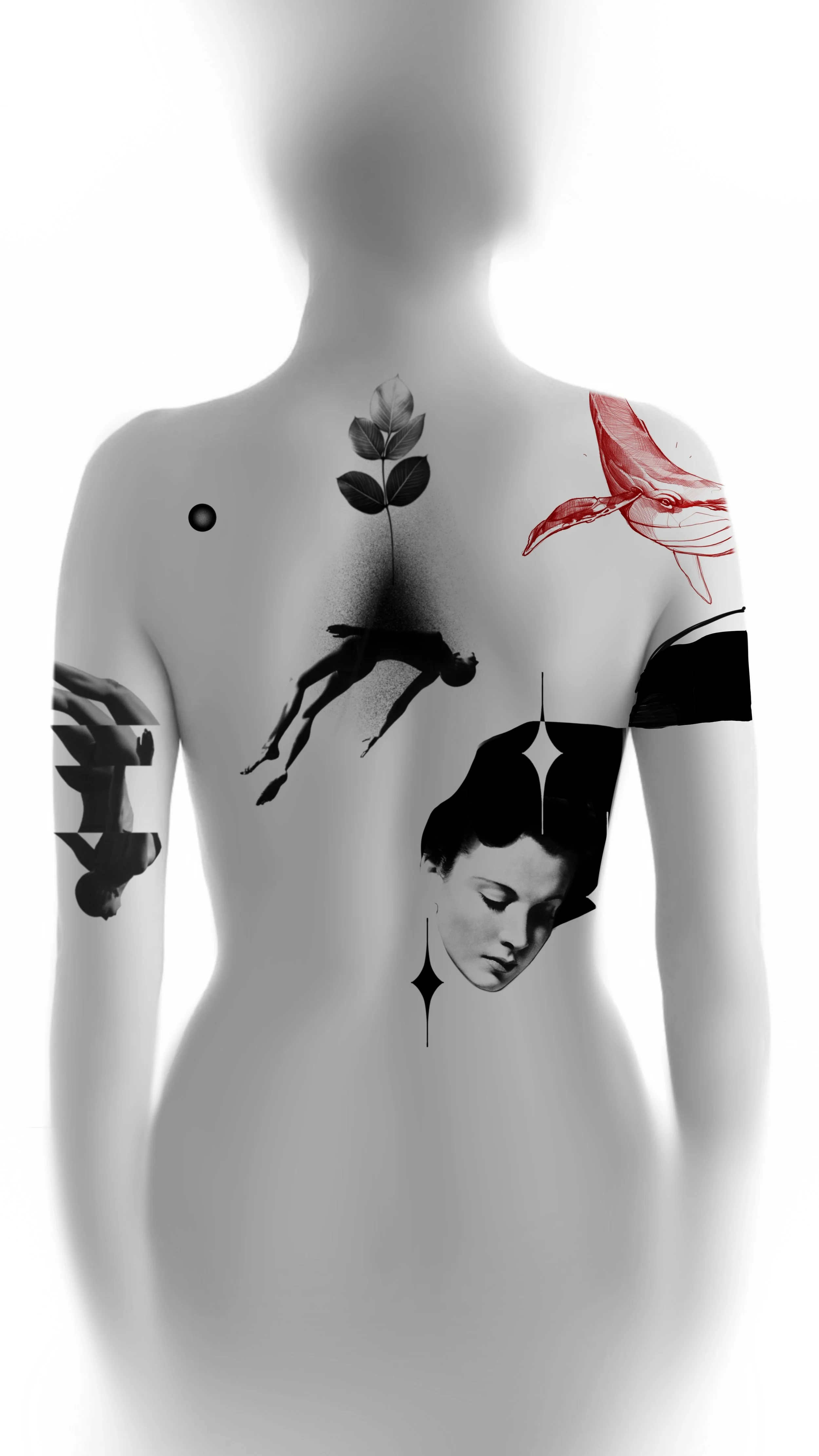A grayscale body with various artistic tattoos, including a leaf, whale, a person diving, a woman's face, and stars.
