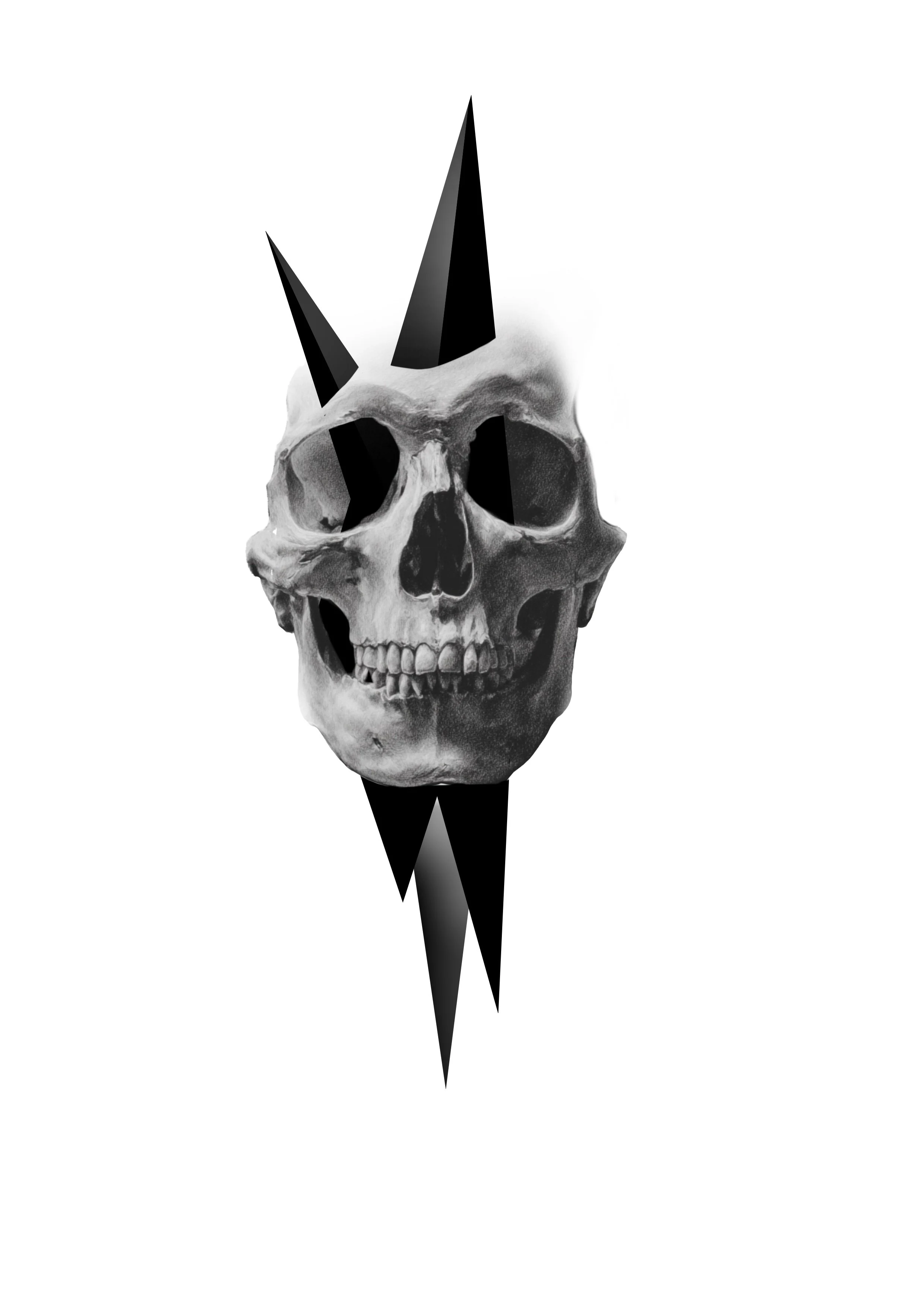A human skull with two black triangles and a large black triangular shape on top, surrounded by a black and white sharp, elongated diamond shape pattern.