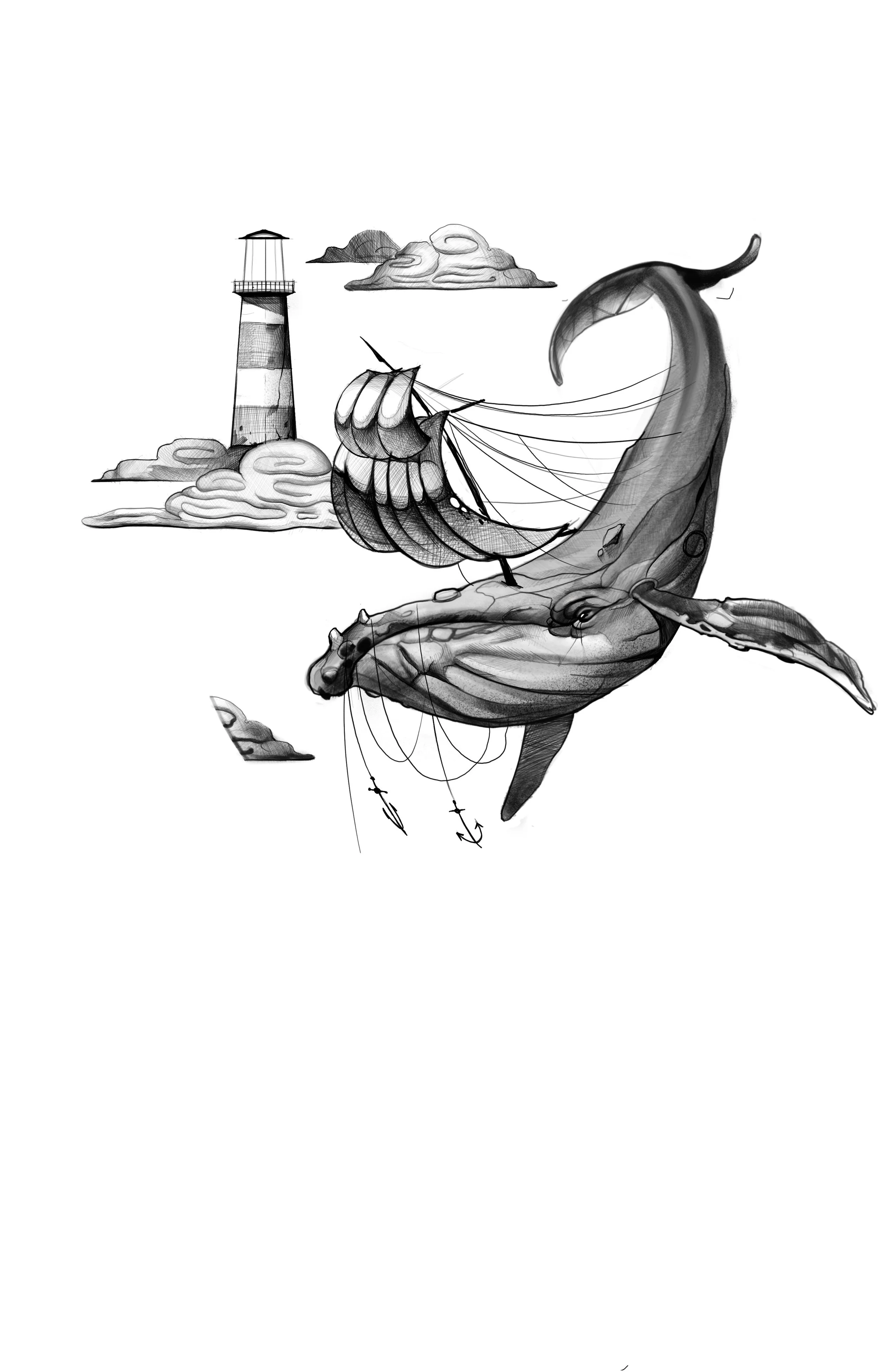 Black and white drawing of a whale jumping out of the ocean with a ship sailing nearby and a lighthouse in the background.