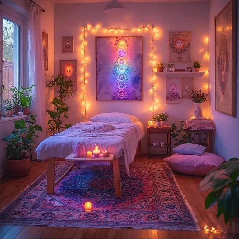 Cozy bedroom decorated with string lights, candles, and colorful artwork, with potted plants, a rug, and a large floor cushion.