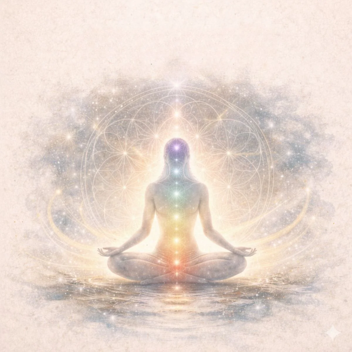 A person meditating in a lotus position with an illuminated aura and multicolored chakra points, surrounded by a cosmic, geometric background.