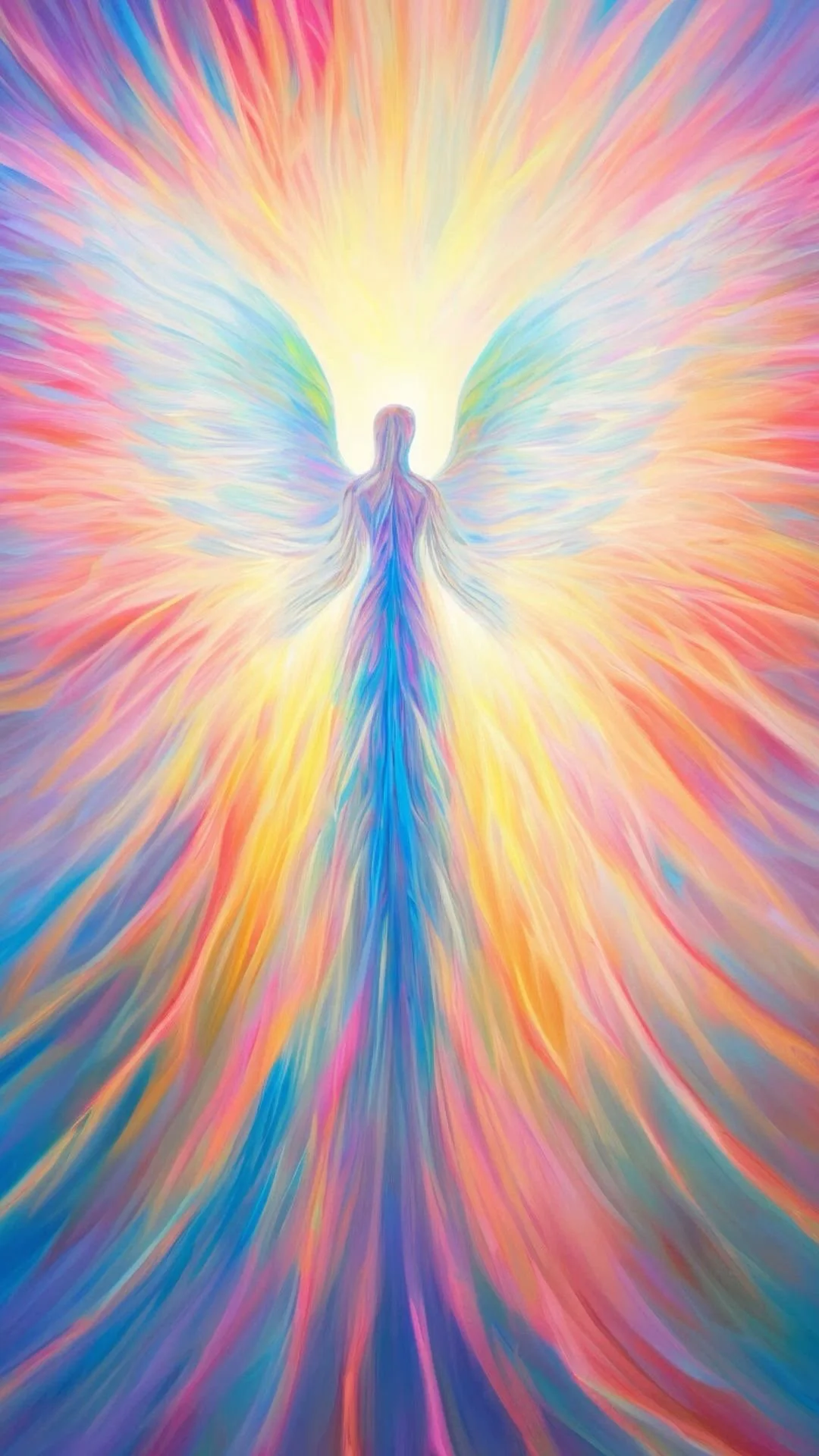 A colorful, abstract depiction of an angel with outstretched wings and a radiant glow, rendered in soft pastel hues.