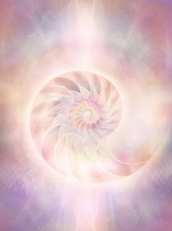 A digitally created abstract spiral pattern with soft pastel colors including pink, purple, and cream, resembling a nautilus shell or fractal design.