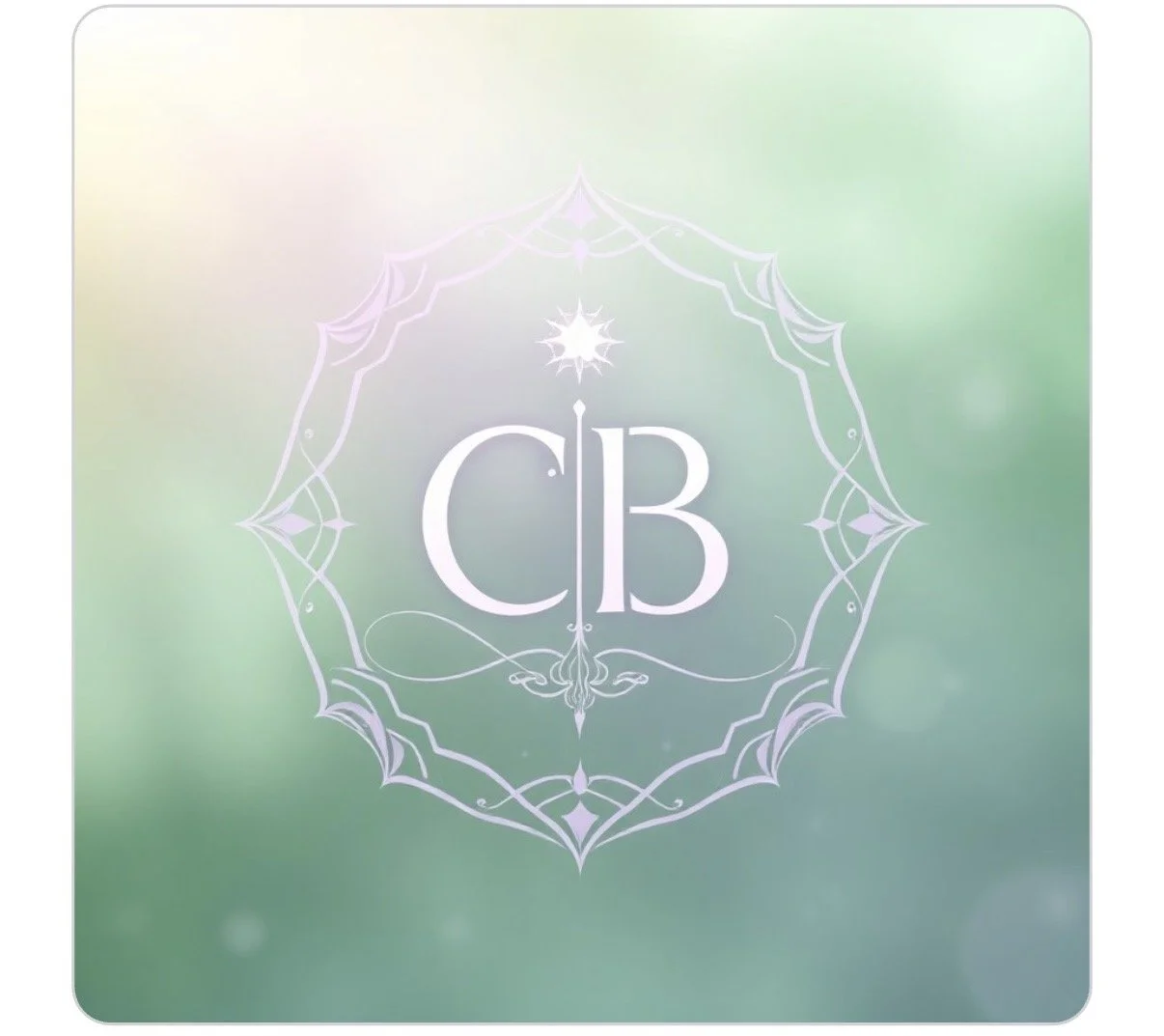 A pastel-colored background with a white, ornate, circular frame surrounding the initials 'C B' and a star-like symbol above the letters.