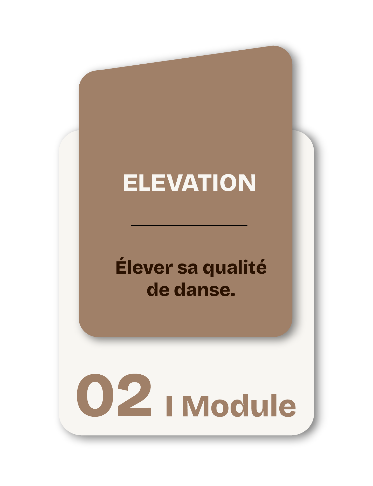 Un écran d'application ou site web affichant une section intitulée 'Élevation' avec la phrase 'Élever sa qualité de danse' et une autre section mentionnant '02 Module'.