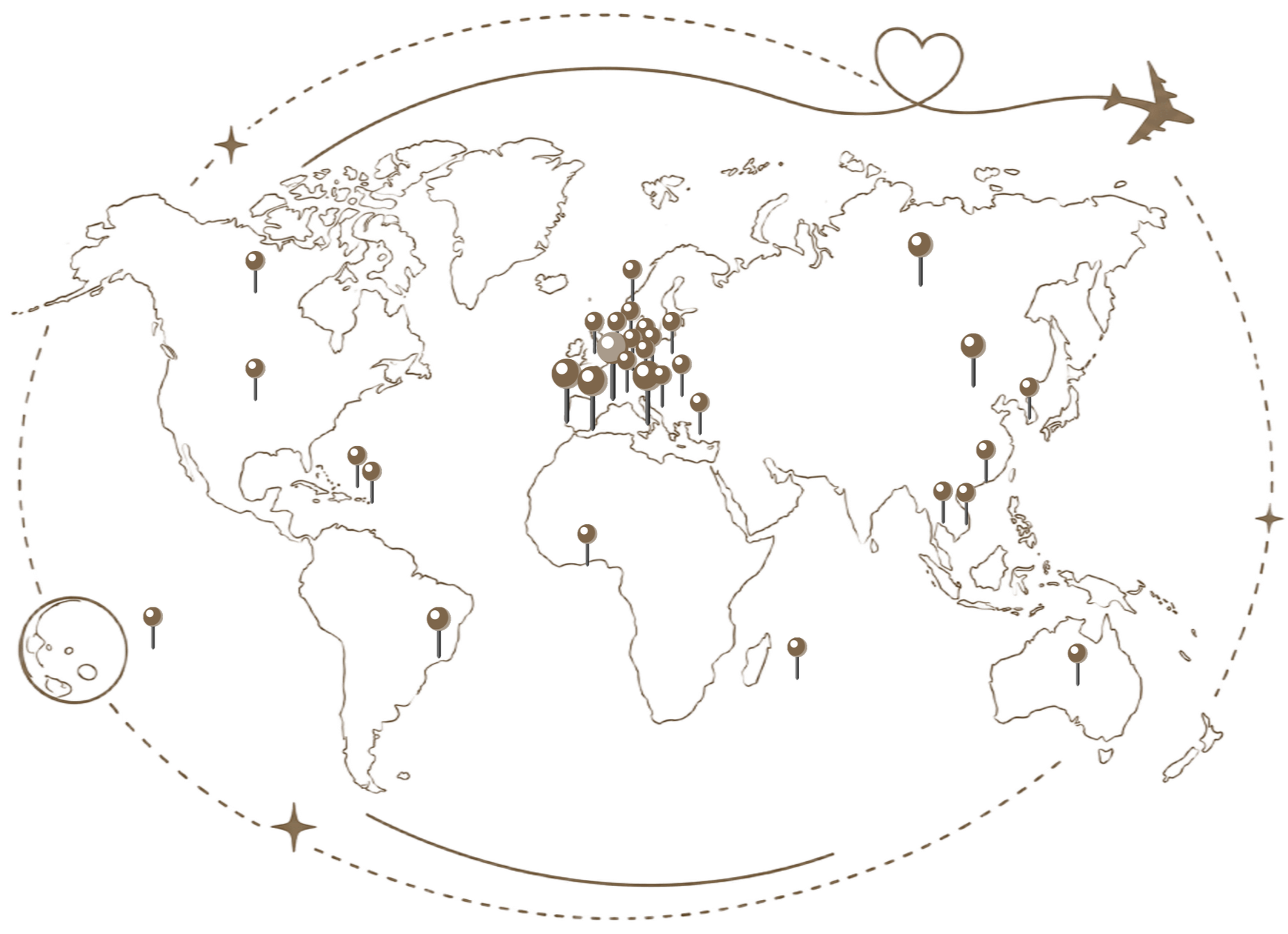Carte du monde avec points de localisation marqués dans différentes régions, illustration de vol avec avion sur la ligne hématique et cœur connecté, style minimaliste