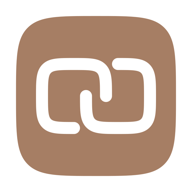 Logo carré marron avec deux formes noires entrelacées au centre.