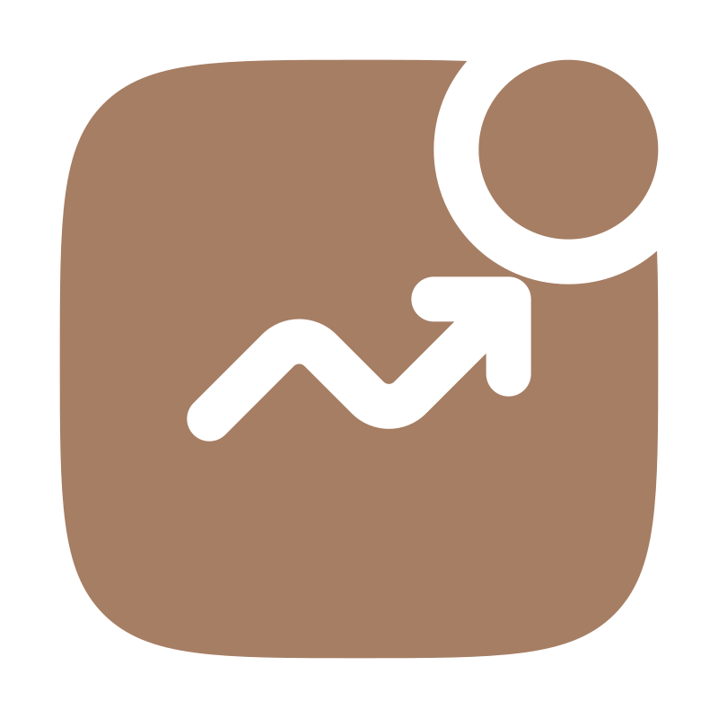 Icône représentant une tendance de croissance ou un graphique avec une flèche pointant vers le haut, sur fond marron avec un cercle.