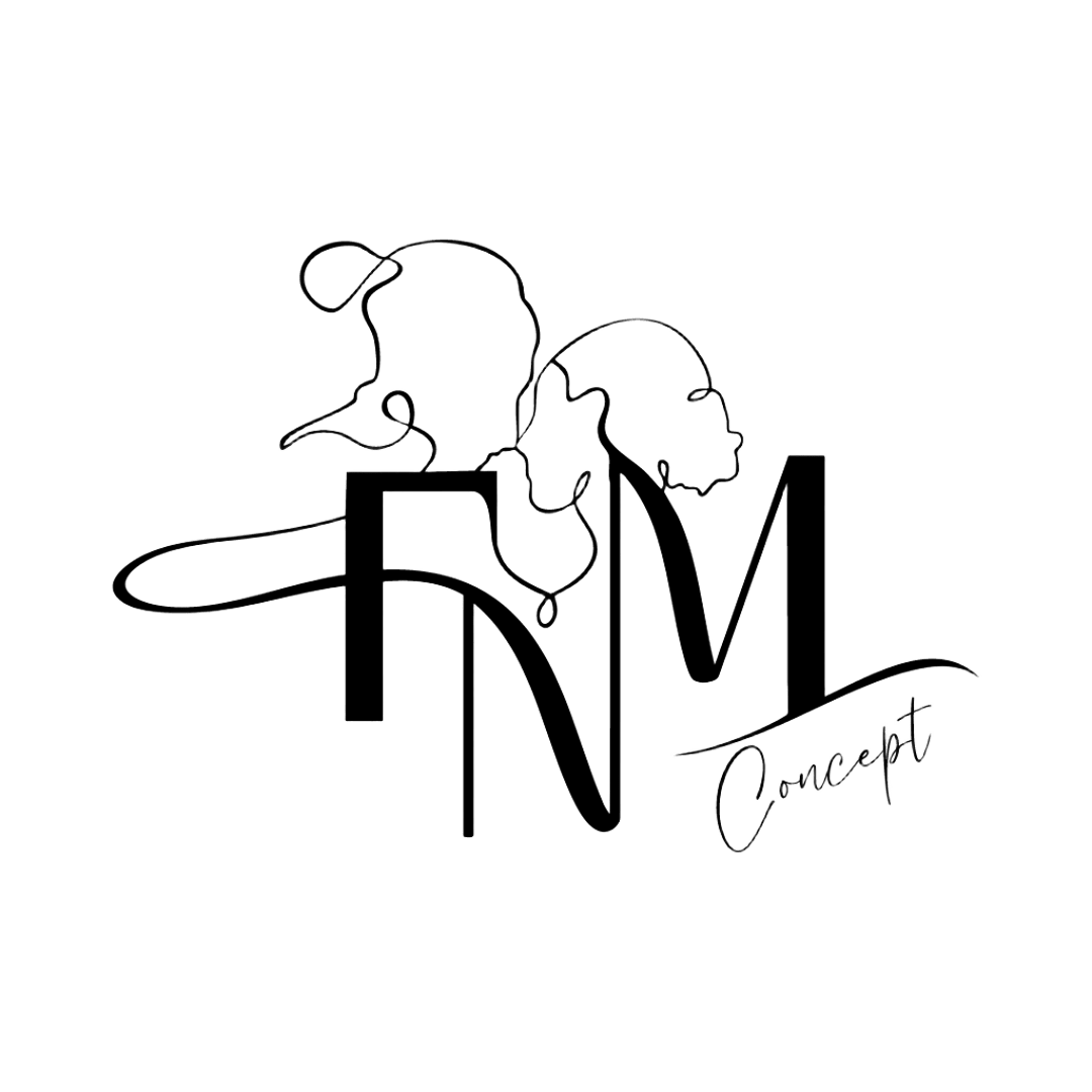 Logo de FM Concept avec des silhouettes de profil de femme et enfant, stylisées en ligne continue blanche sur fond noir.