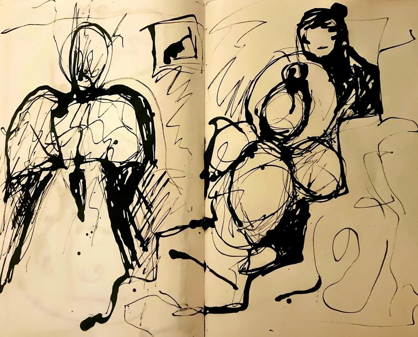 The newborn carried before the lightbulb angel: A dreamscape 💡🪽.
I have been having really vivid dreams lately. Some profound, others completely inconsequential, always bizarre. This is a scene from one of my recent dreams, drawn in pure ink 🖋️.
-