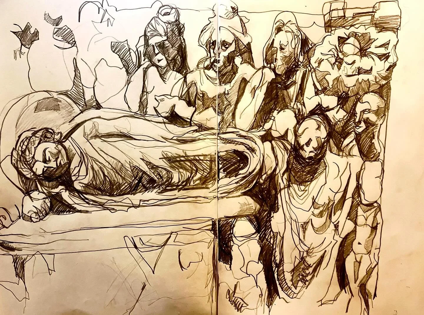 The Death of the Buddha: 100-200, Ancient Gandhara. A wall sculpture at the V&amp;A Museum, London. A monument to Buddha&rsquo;s death as he passes into the cycle of rebirth. Buddha is surrounded by princes, who mourn. When sketching in the Buddhist 