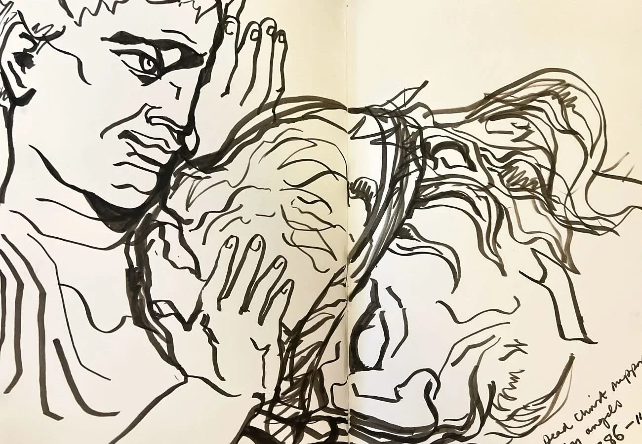 Drawing at the V&amp;A: An early renaissance depiction of Jesus&rsquo; head resting in the hands of angels, carved in stone relief.
-
-
#art #vandamuseum #renaissance #earlyrenaissance #rds #royaldrawingschool #sketchbook #jesus #angels #felttippen #