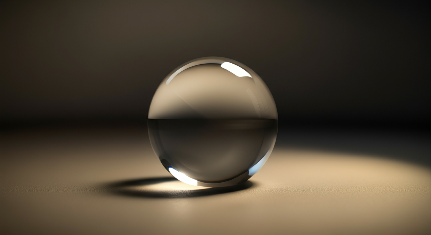 A shiny, transparent glass sphere sitting on a surface with a subtle shadow, against a dark, gradient background.