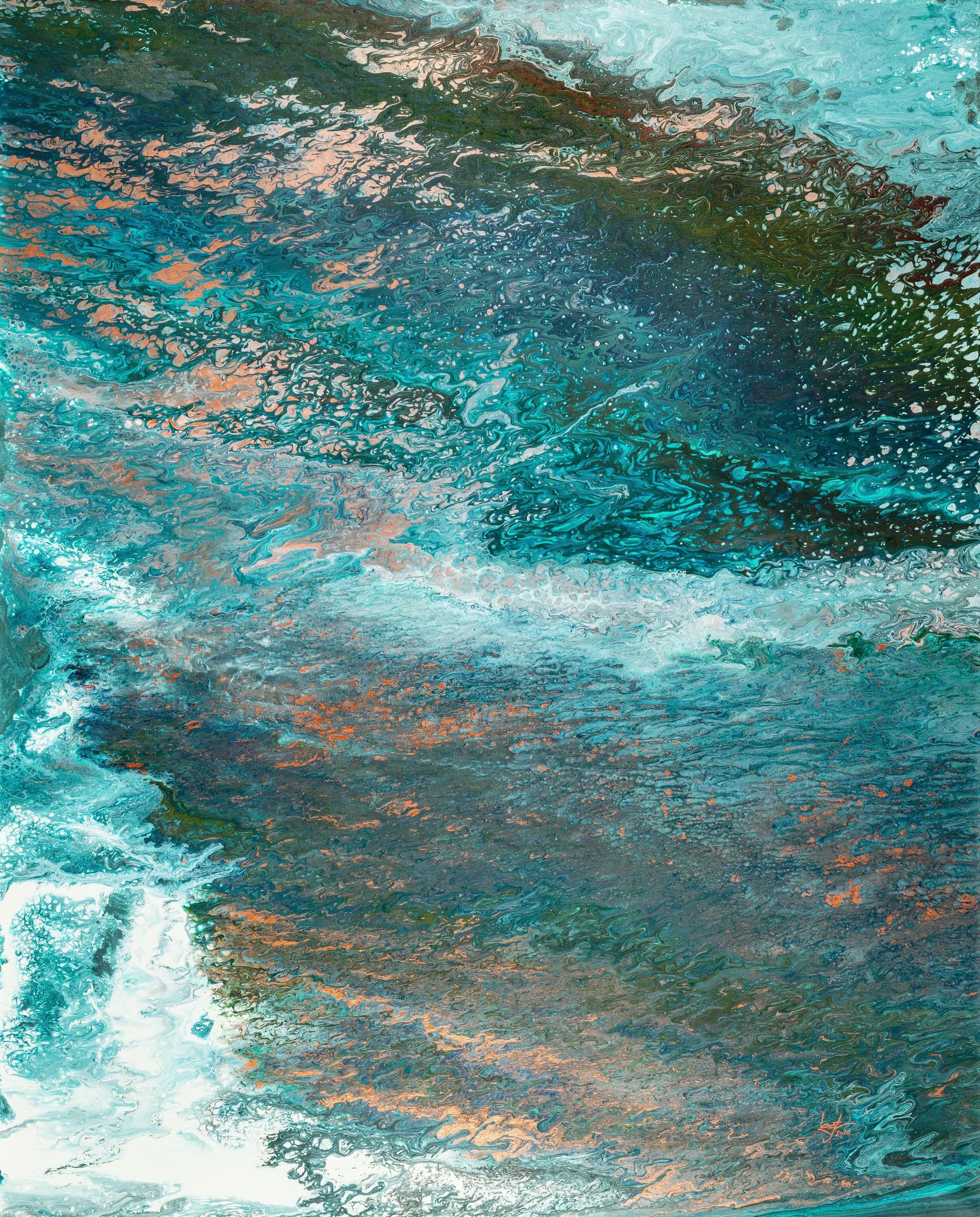 Abstract painting with swirling shades of teal, blue, gray, white, and hints of orange and brown.