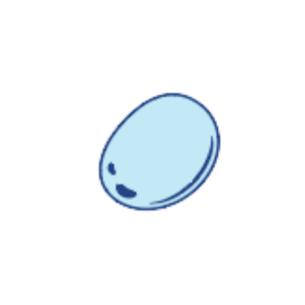 A blue cartoon pill with a smiling face and closed eyes.