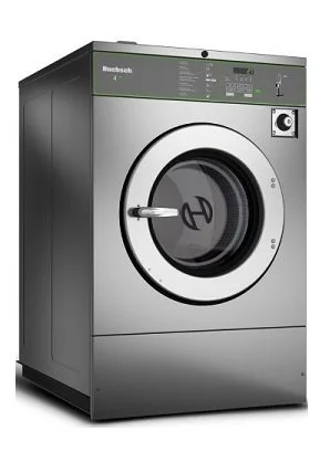 Front view of a front-loading washing machine with a digital display and control panel.