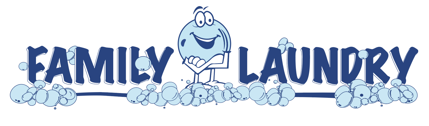 A cartoon logo of a family laundry theme featuring blue bubbles, with a smiling cartoon washcloth or towel character in the center, arms crossed, surrounded by laundry bubbles, and the words "FAMILY LAUNDRY" in large, bold letters.