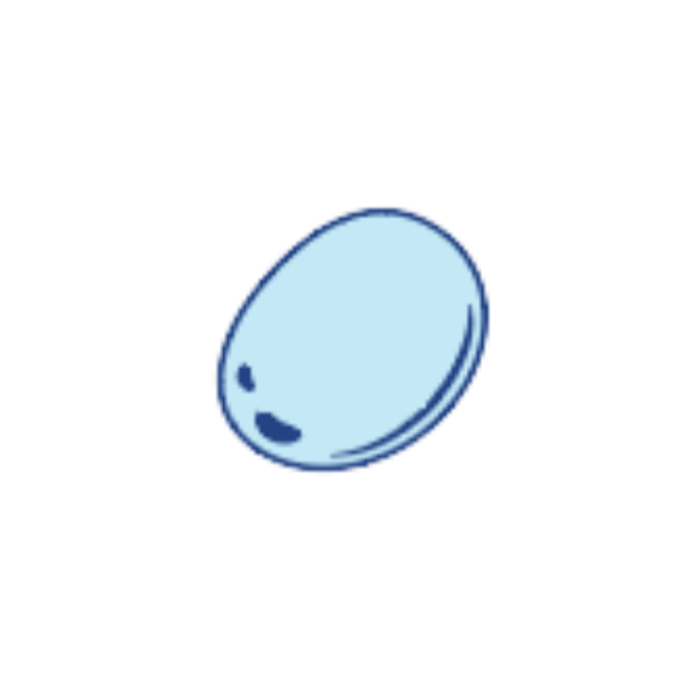 A cartoon-style blue oval-shaped object with a happy face, resembling a water droplet or a shiny stone.