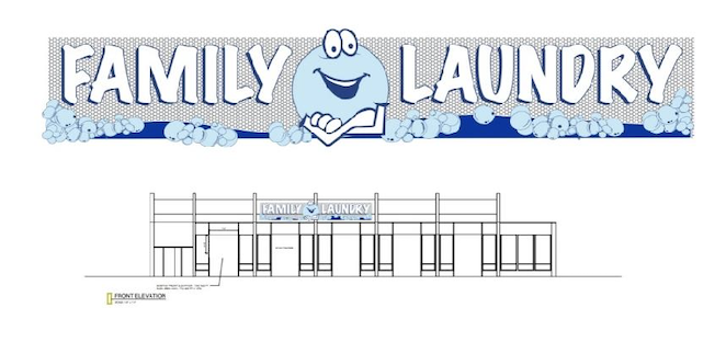 A colorful cartoon-style sign with a smiling washing machine cartoon character holding a bubble wand, and the words 'FAMILY LAUNDRY' in large, playful font, alongside a blueprint or architectural drawing of a building labeled 'FAMILY LAUNDRY'.