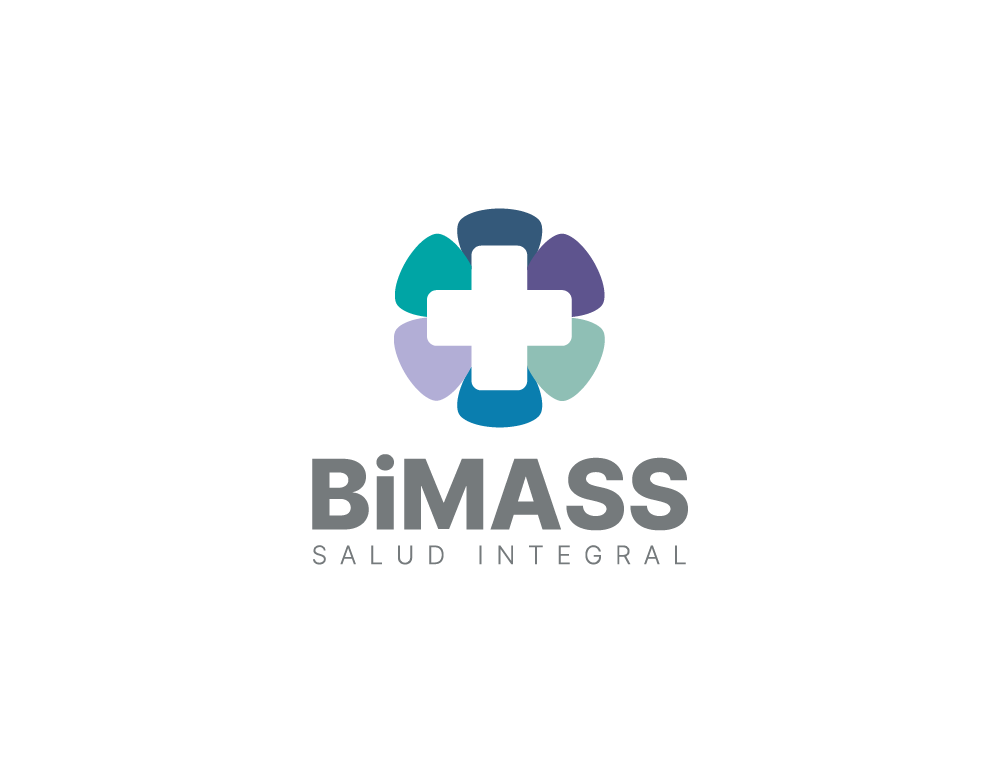 Logotipo de BIMASS Salud Integral que muestra un símbolo de cruz en el centro rodeado por cinco formas en diferentes colores