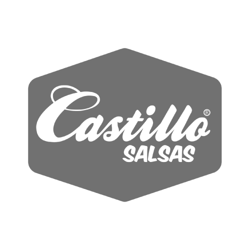 Logotipo en gris de la marca Castillo Salsas con letras blancas en un fondo en forma de hexágono