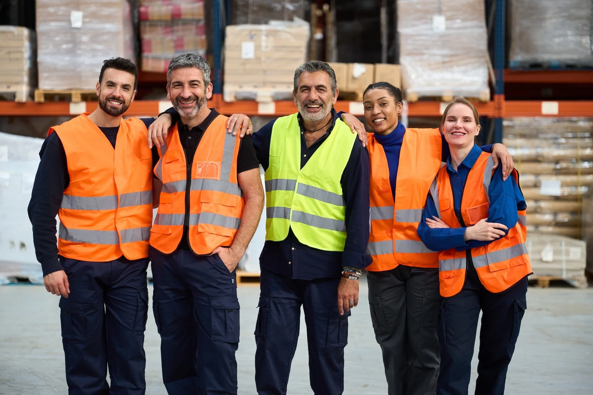 Un grupo diverso de trabajadores de un almacen sonriendo a la cámara