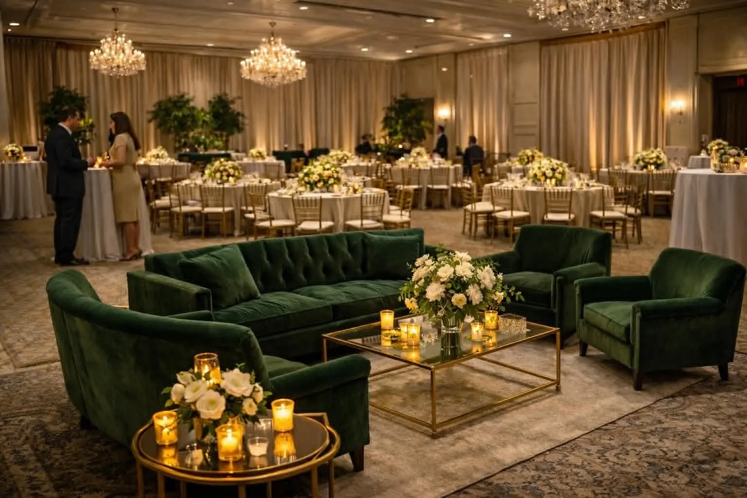 Elegant banquet hall with green velvet sofas, floral centerpieces, and candlelit tables, with a backdrop of round dining tables and chandeliers.