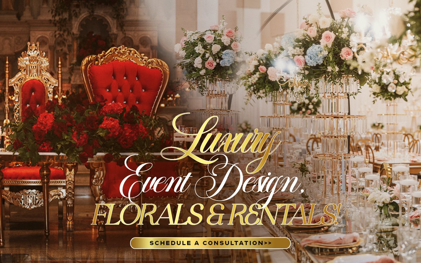 An elegant event space decorated with lavish floral arrangements and gold accents, with ornate red chairs and luxurious table settings.